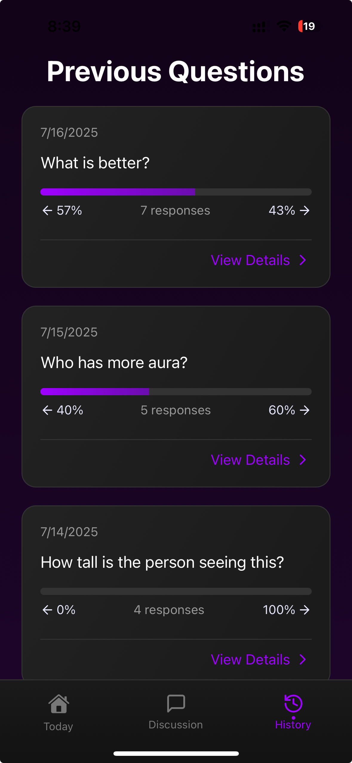 Previous Questions Screen